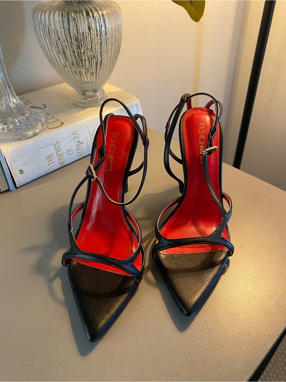 Fashion Nova Black Strappy Pointed-Toe Slingback Heels w/Red Insole/NWOT/worn1